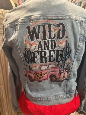 Wild and Free Pink Graphic Denim Jacket